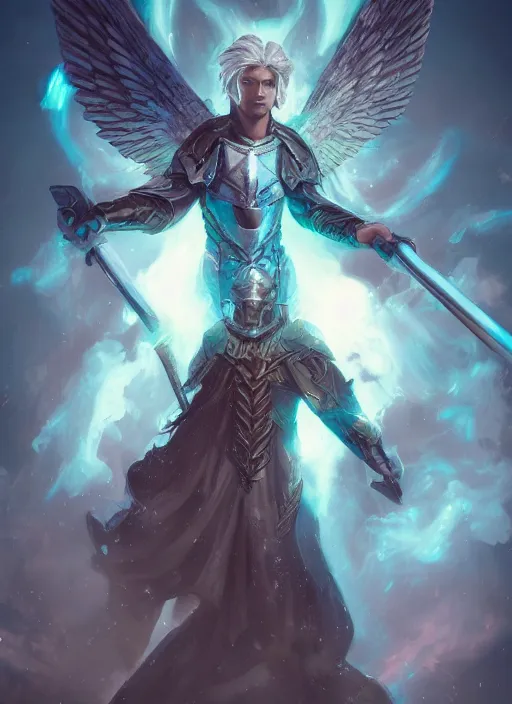 Prompt: an epic fantastic realism comic book style portrait painting of an aasimar paladin, teal energy, male, big angel wings on back, silver hair, short brown beard, d & d concept art, unreal 5, daz, hyperrealistic, octane render, cosplay, rpg portrait, dynamic lighting