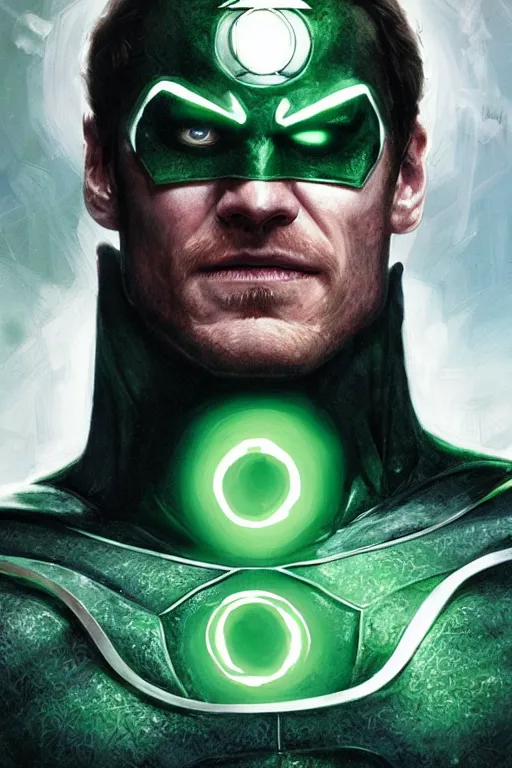 Prompt: Portrait of Michael Fassbender as Green lantern, DC comics, dark, intricate, highly detailed, smooth, artstation, digital illustration by Ruan Jia and Mandy Jurgens and Artgerm and Wayne Barlowe and Greg Rutkowski