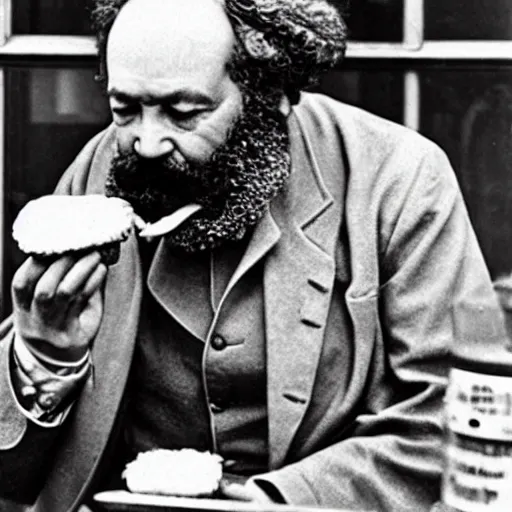 Prompt: Statue of Karl Marx eating a burger at McDonald's, photo