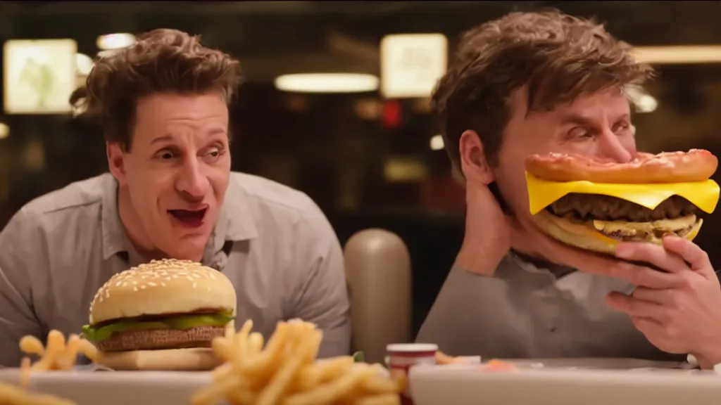 Image similar to the strange creature eats a cheeseburger, at the fast food restaurant, television commercial, directed by david cronenberg studio lighting, extremely professional