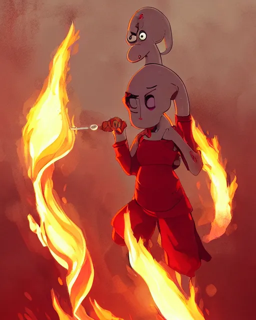 Image similar to squidward wearing fire nation clothing and practicing firebending outside at susnset, [ [ [ [ [ [ [ [ greg rutkowski ] ] ] ] ] ] ] ]