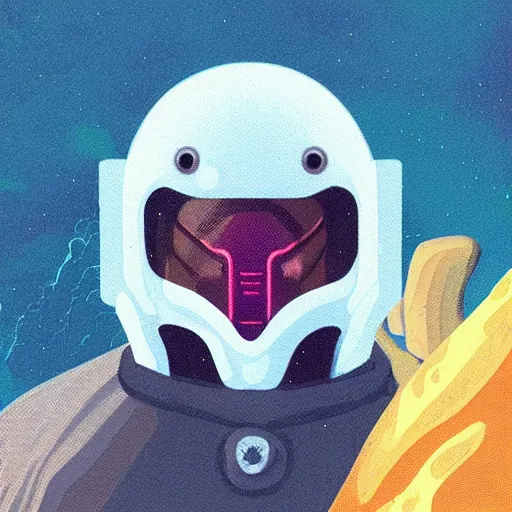 Image similar to “in the style of Moebius and ghostshrimp a young mixed race male explorer wearing a futuristic helmet, highly detailed, adventure time colour palette”