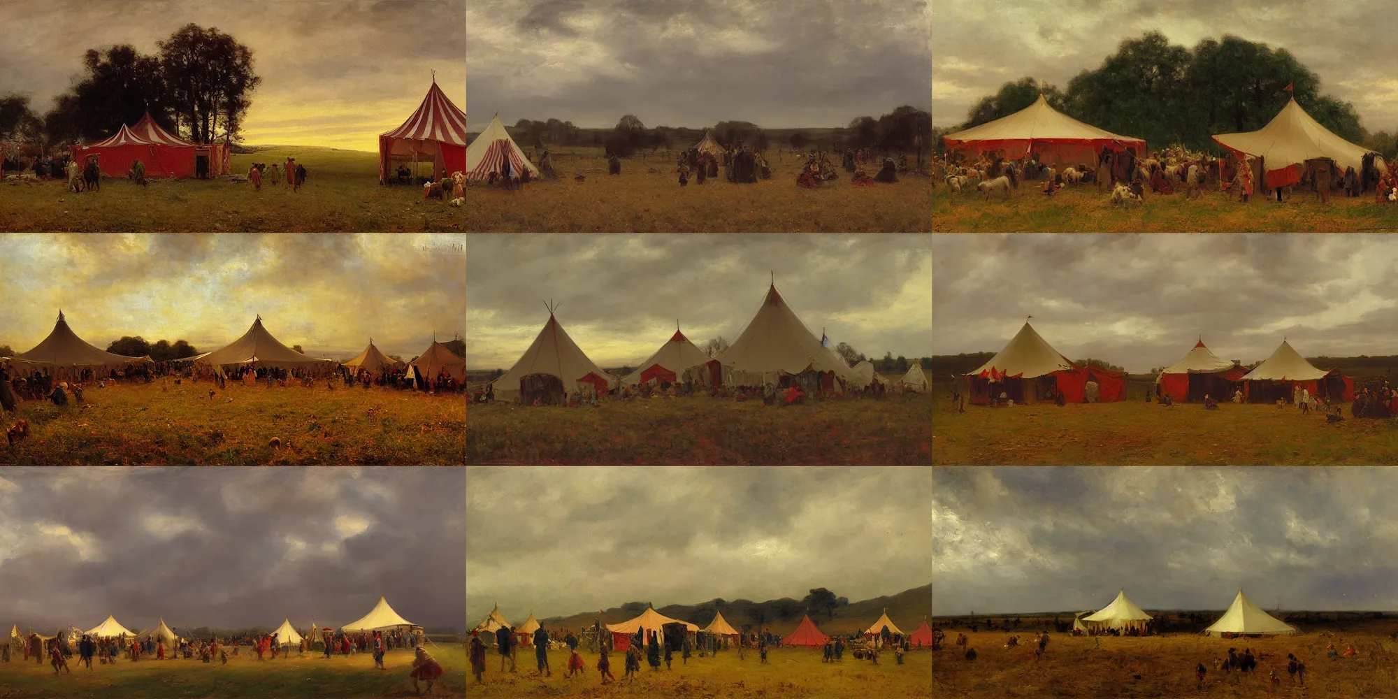 Prompt: a beautiful painting of a circus tent in a field at dusk, detailed, abbey edwin austin, andreas achenbach, cinematic, gloomy atmosphere, brush strokes