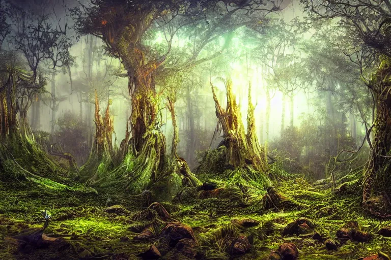 Prompt: digitalblasphemy digital blasphemy wallpaper render of an alien forest strange exotic planet bizarre plants imaginative dreamworld expansive landscape