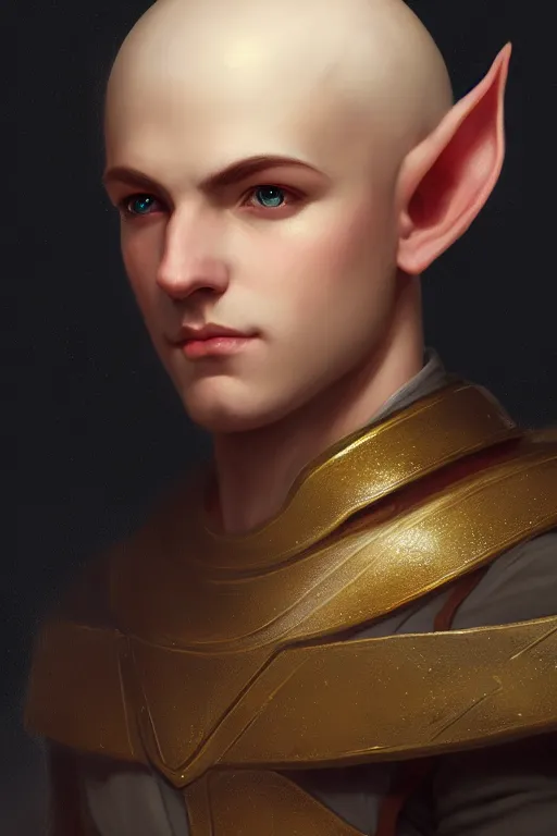 Image similar to a portrait of a fantasy male elf, bored, illustration, soft lighting, soft details, painting oil on canvas by Edmund Blair Leighton and Charlie Bowater octane render trending on artstation d&d characters, 4k, 8k, HD