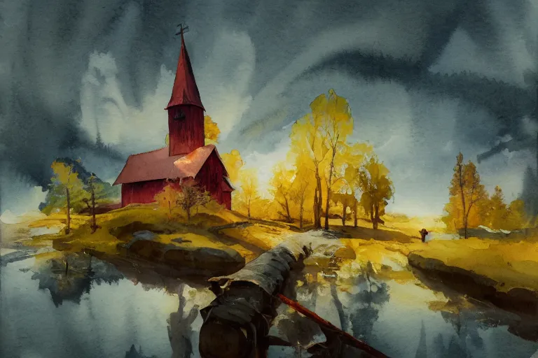 Image similar to small centered on watercolor paper, paint brush strokes, abstract watercolor painting of traditional scandinavian wooden church, viking house, translucent leaves, cinematic light, national romanticism by hans dahl, by jesper ejsing, by anders zorn, by greg rutkowski, by greg manchess, by tyler edlin