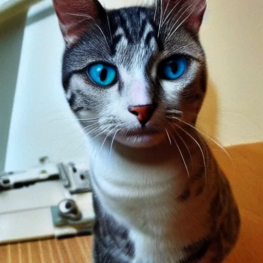 Image similar to “hd photorealistic american shorthair cat with one blue eye and one brown eye”