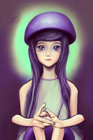 Image similar to a little girl wearing a mushroom hat in dress sitting | | purple hair, pretty face, fine details, digial art by lois van baarle, anatomically correct, perfect composition, symmetrical, fantastic, clean details, anime character