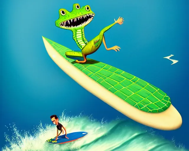 Image similar to a crocodile surfing on a longboard, tube wave, funny cartoonish, by gediminas pranckevicius h 7 0 4