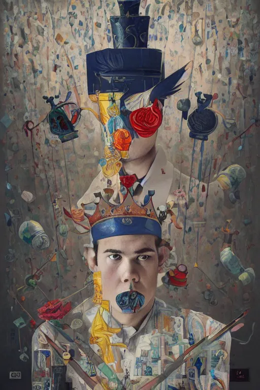 Image similar to a painting of magnus carlsen as king of chess, a surrealist painting by james jean, trending on cgsociety, pop surrealism, androgynous, grotesque, angular