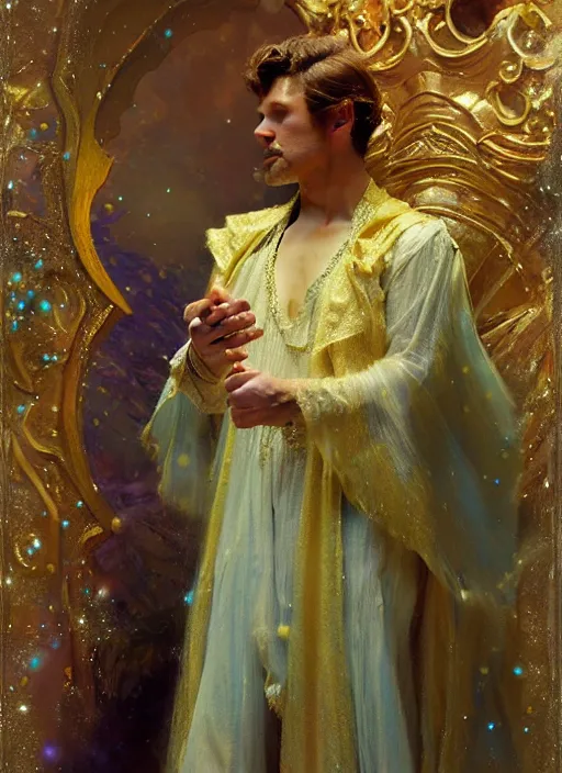 Prompt: billy hill, god of starlight, modest flowing gown, smug expression, highly detailed painting by gaston bussiere, craig mullins, j. c. leyendecker 8 k, sparkling nebula