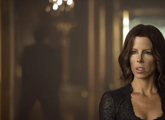 Prompt: film still of Kate Beckinsale as John Wick at the Continental Hotel in John Wick 2014, 4k