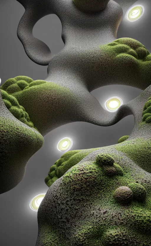 Image similar to highly detailed ultra sharp 3 d render cinematic composition of a smooth ceramic porcelain biomorphic magnolia stone nebula fluid fractal sci - fi surreal architecture landscape, granite, metallic, magnesium, marble, moss and lichen, vincent callebaut composition, mamou - mani, archviz, beautiful lighting, 8 k, unreal engine, hdr,