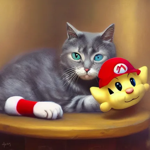 Image similar to A beautiful oil painting of a Kawaii Cat wearing a Super Mario Hat, art by old masters, volumetric lighting, photorealistic, highly detailed.