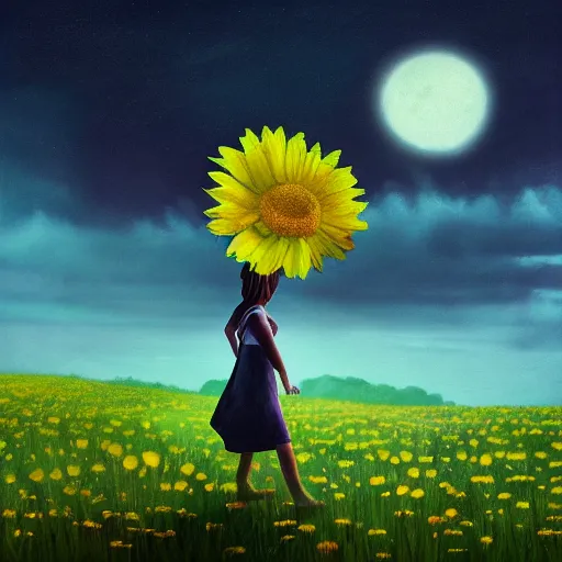 Prompt: giant daisy flower as a head, girl walking in field, surreal photography, moon light, dark night, dramatic, impressionist painting, clouds, digital painting, artstation, simon stalenhag