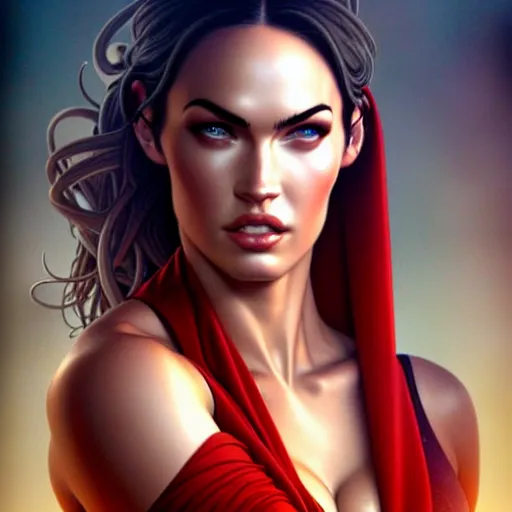 Prompt: portrait of megan fox, muscular upper body, scarf, greek, jewelry, red dress, fantasy, intricate, elegant, highly detailed, digital painting, artstation, concept art, matte, sharp focus, illustration, art by aenaluck and roberto ferri and greg rutkowski, epic fantasy, digital painting