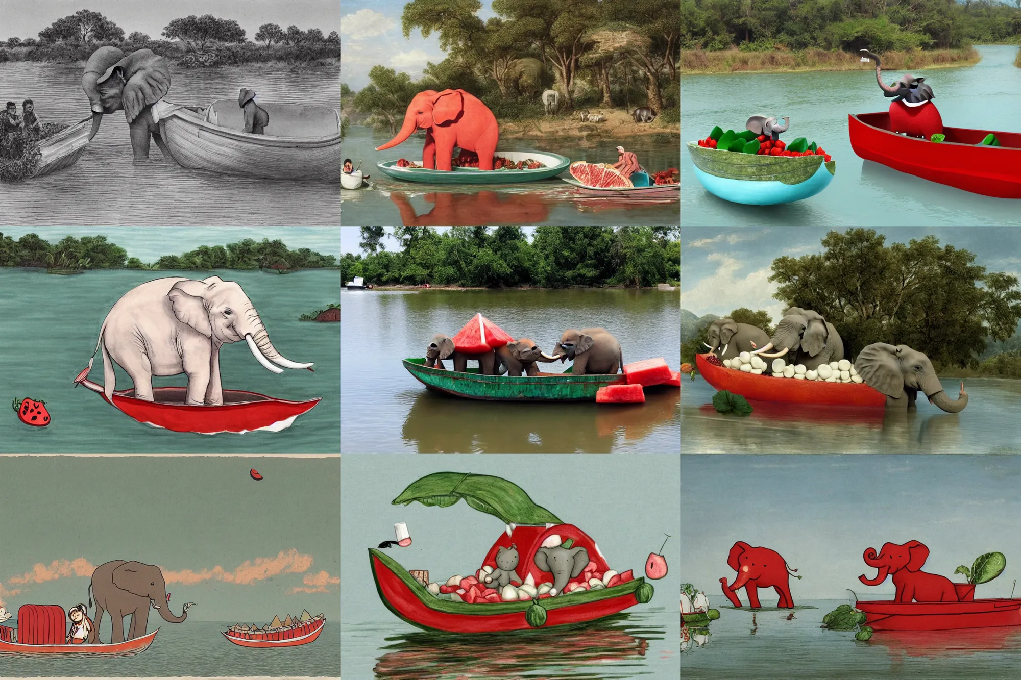 Prompt: a small elephant sits in a boat made of watermelon and floats on a river of white white white white white milk