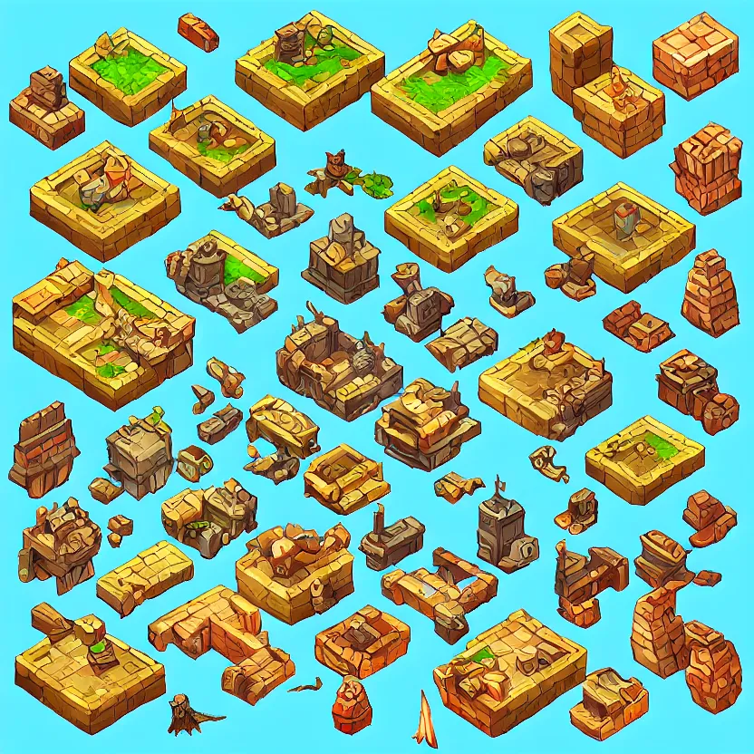 Image similar to set of isometric game tiles, containing a wizard's tower, enemies'hideouts and several resources, colored lineart from resource gathering game