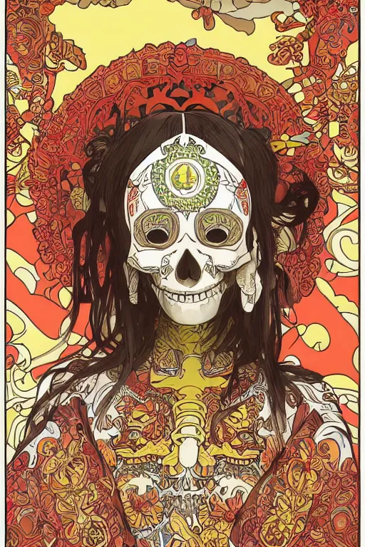 Prompt: indonesia traditional dress, skull portrait girl female skeleton illustration detailed patterns art pop art, splash painting, art by geof darrow, ashley wood, alphonse mucha, makoto shinkai