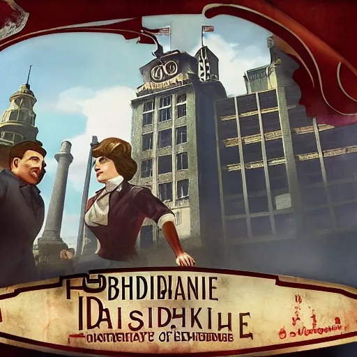 Image similar to bioshock infinite as propaganda of calibrum daerganzi, justify content center, realistic content, detail content, medium long shot content, 1 5 color content