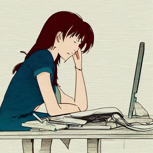 Prompt: a beautiful side view portrait of lofi girl sitting on her desktop writing something, digital art, anime, studio ghibli style