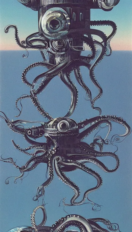 Prompt: 1 9 5 0 s retro future robot android octopus. muted colors. by bruce pennington