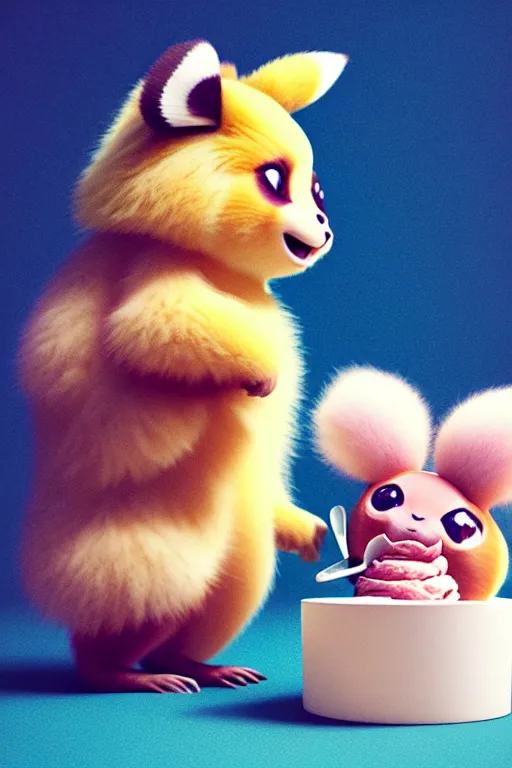 Prompt: high quality 3 d render hyperrealist very cute pastel fluffy! red panda & tarsier hybrid eating giant ice cream, vray smooth, in the style of detective pikachu, hannah yata, very dramatic light, low angle, uhd 8 k, shallow depth or field