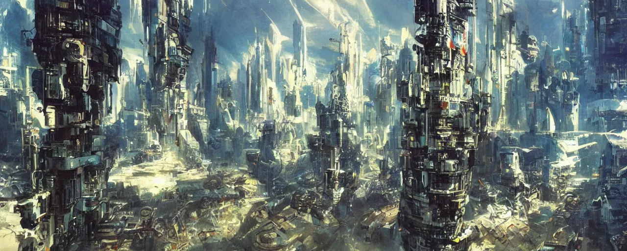 Prompt: a beautiful sci-fi painting of a futuristic giga city Mumbai in the 24th century, by John Berkey, 8K,
