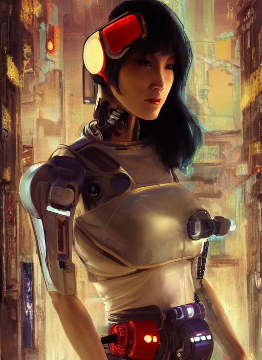 Image similar to Marie Tanaka. Beautiful Cyberpunk mechanic with robotic legs. (Cyberpunk 2077, bladerunner 2049). Gorgeous face. Iranian orientalist portrait by john william waterhouse and Edwin Longsden Long and Theodore Ralli and Nasreddine Dinet, oil on canvas. Cinematic, vivid colors, hyper realism, realistic proportions, dramatic lighting, high detail 4k