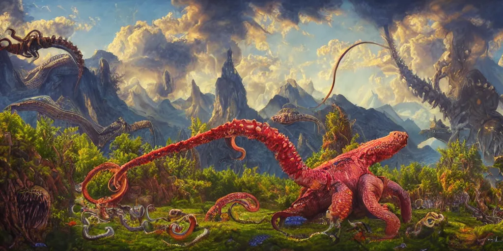 Image similar to fantasy oil painting, great leviathan, cybernetic turtle cephalopod terrapin reptilian pachyderm squid, bella hadid, milla jovovich, anubis, hybrid, epic natural light, lush plants flowers, spectacular mountains, bright clouds, luminous sky, outer worlds, golden hour, michael cheval, edward hopper, michael whelan, vray, hd