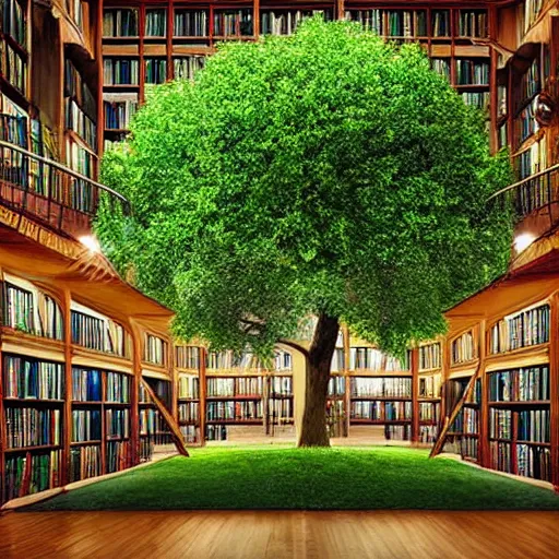 Prompt: a beautiful tree growing in the middle of a library. striking image, beautiful scene. photo-realistic