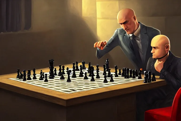 Image similar to Steve from Minecraft playing chess against Agent 47 from Hitman, oil painting, epic, video game, full res, full shot, featured on artstation, highly detailed