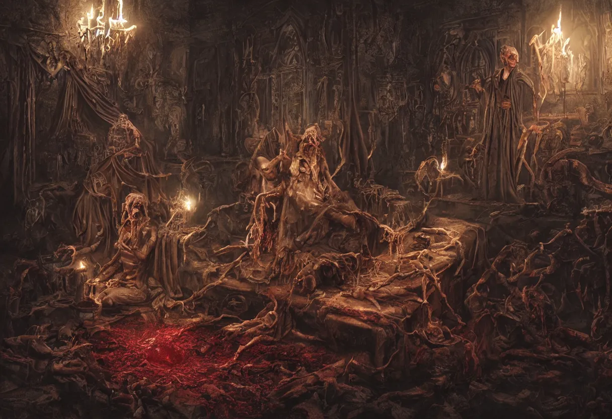 Prompt: occult black magic ritual with blood incantation and rotten flesh, mystical manuscripts and ancient symbols in background, hyperrealism, realistic, dramatic lighting, octane render, highly detailed, cinematic lighting, cinematic, art by glenn fabry and greg rutkowski