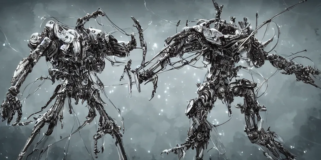 Image similar to sci - fi anime exoskeleton creatures, fighting the ancient tree god, wireframe, cinematic, high fantasy, maximalist, splatter paint, epic