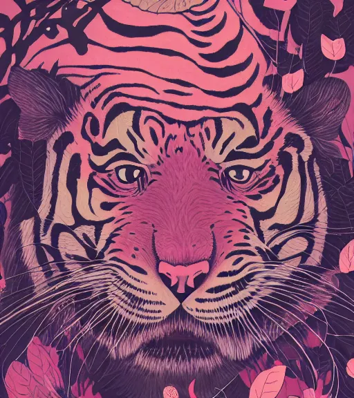 Prompt: portrait, nightmare anomalies, leaves with a tiger by miyazaki, violet and pink and white palette, illustration, kenneth blom, mental alchemy, james jean, pablo amaringo, naudline pierre, contemporary art, hyper detailed