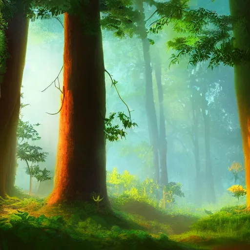 Prompt: a movie still frame, a wide shot of a dark enchanted forest with dappled lighting on the ground, tall large trees, muted color palette, lush foliage, disney feature animation artwork, pixar concept art,