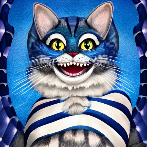 Image similar to cute blue striped cheshire cat. an adorable cat with light blue stripes, blue eyes and a big mischievous smile. stunning digital art by mona sundberg. fluffy, plush - like