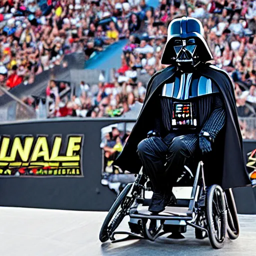 Image similar to darth vader in a wheelchair on a half pipe ramp at x - games action photo magazine