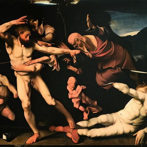 Image similar to the end of man with 2 1 savage apocalypse by caravaggio