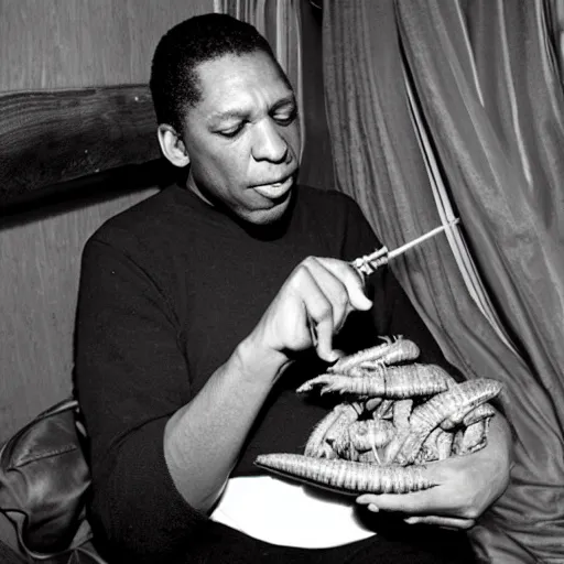 Image similar to john coltrane snuggling a giant mealworm