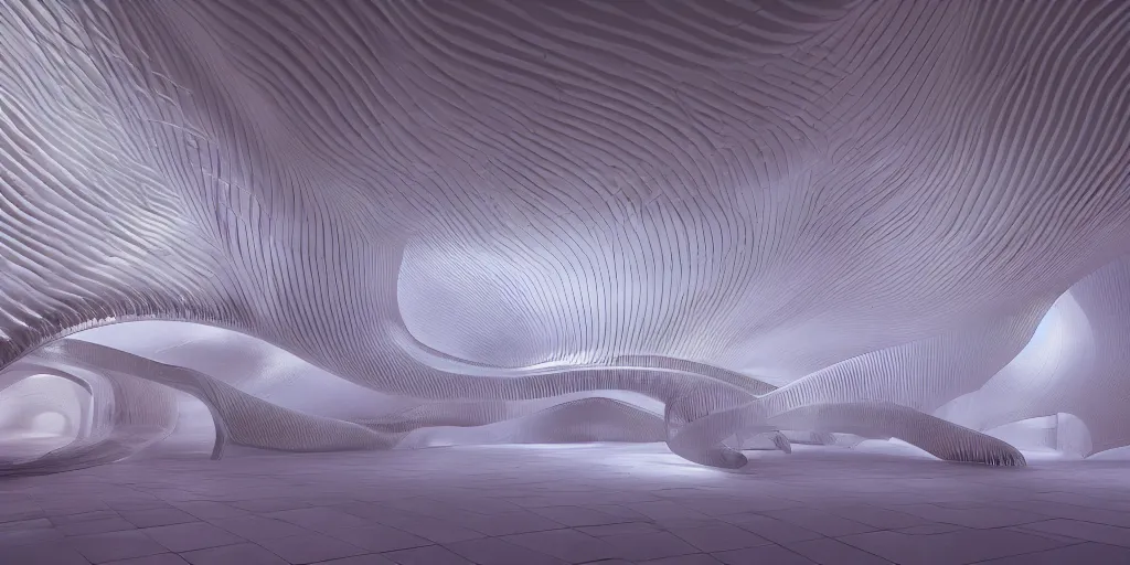 Image similar to extremely detailed awe stunning beautiful futuristic smooth curvilinear museum interior, translucent gills, hyper real, 8k, 3D cinematic volumetric light, atmospheric light