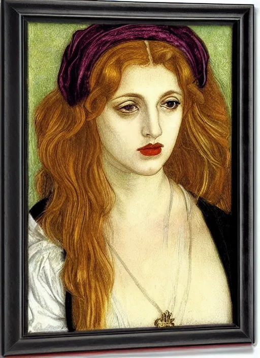 Image similar to portrait of young woman in renaissance dress and renaissance headdress, art by dante gabriel rossetti