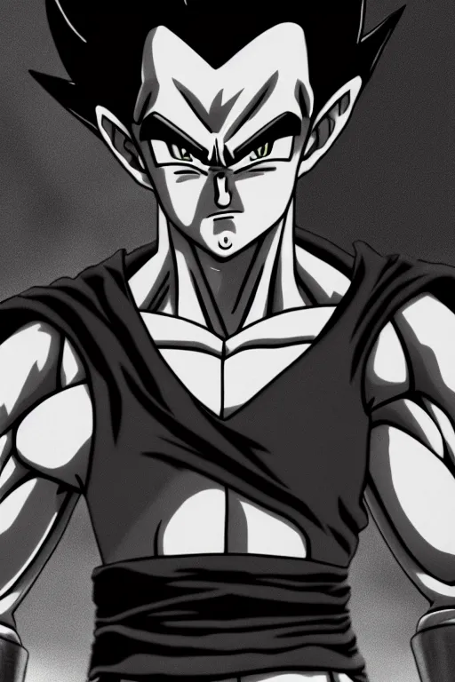 Prompt: prince vegeta, prince of all saiyans, solo portait, grayscale photography, very detailed, 4 k