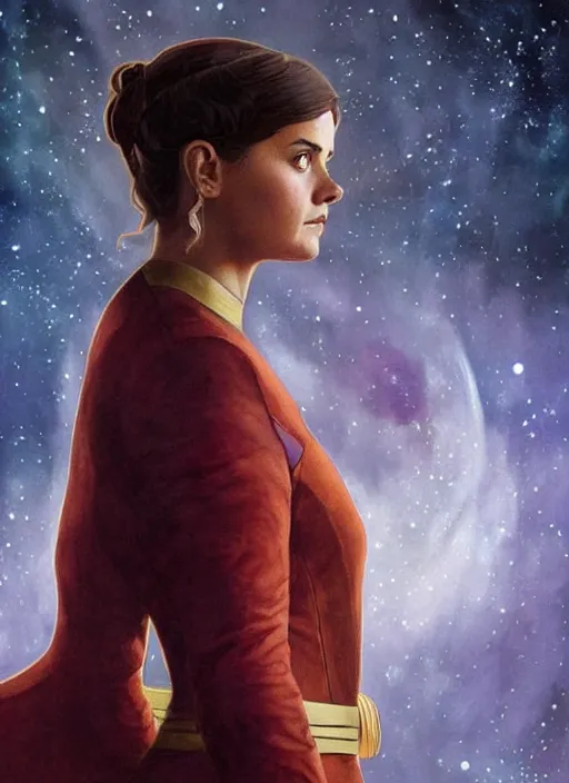 Prompt: jenna coleman as a star trek captain, a still from star trek painted by artgerm and greg rutkowski and alphonse mucha. clear highly detailed face, beautiful sci fi art