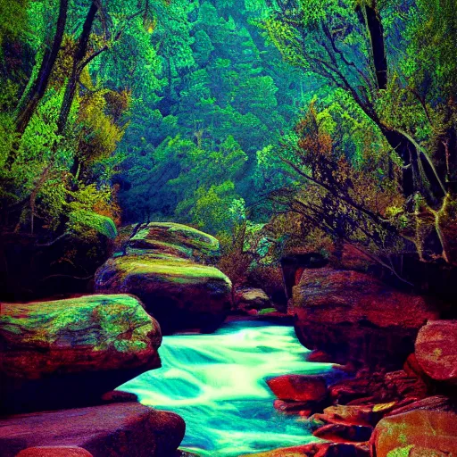 Prompt: a beautiful landscape, river, rocks, trees, by greg rutkowsi, glitch, glitchy