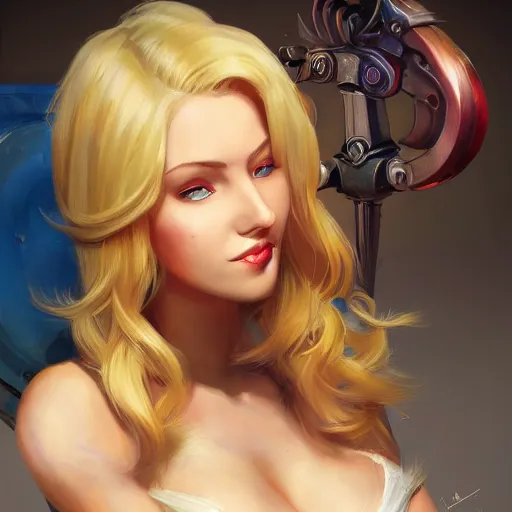 Image similar to portrait of beautiful gamergirl with blond hair and blue eyes, League of Legend illustration by Sam Youn:2, profile picture by Gil Elvgren:2, asymmetrical, Organic Painting, Ambient Occlusion:3, Matte Painting, bold shapes, hard edges, street art, trending on artstation, realistic:2 by Sachin Teng:5