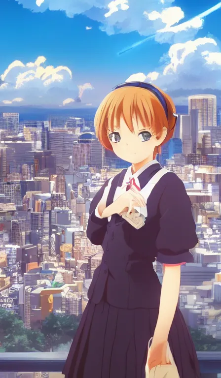 Image similar to anime fine details portrait of a school girl in front of modern tokyo city landscape on the background deep bokeh, close-up view, anime masterpiece by Studio Ufotable, 8k, sharp high quality anime, artstation