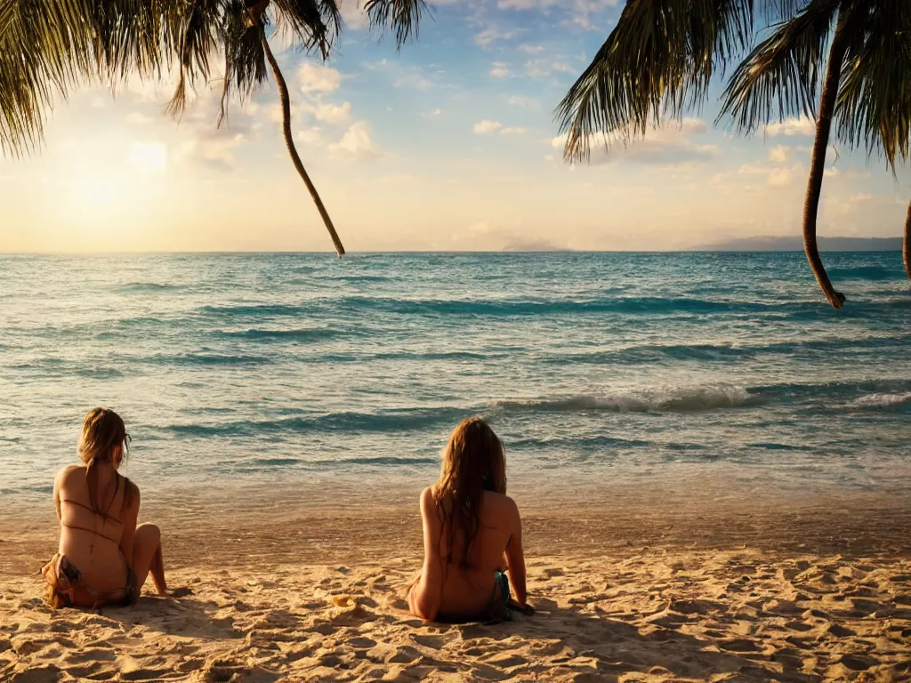 Image similar to a woman on beach on a tropical island with a beautiful ocean view, sitting next to an elephant