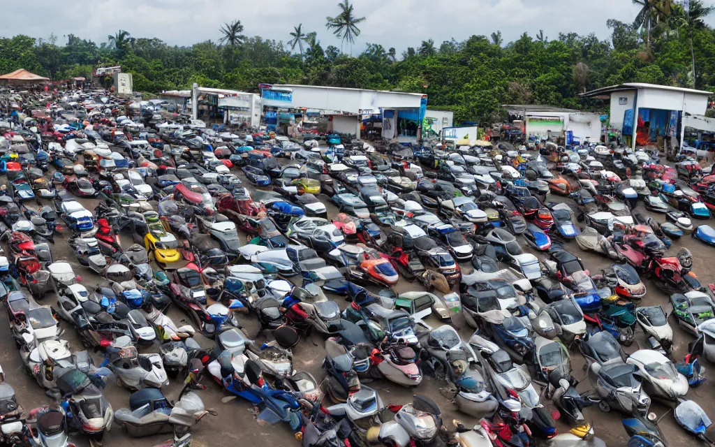 Prompt: An extremely long queue of cars and mopeds waiting for gas at a gas station in sri lanka in the style of edeard hopper