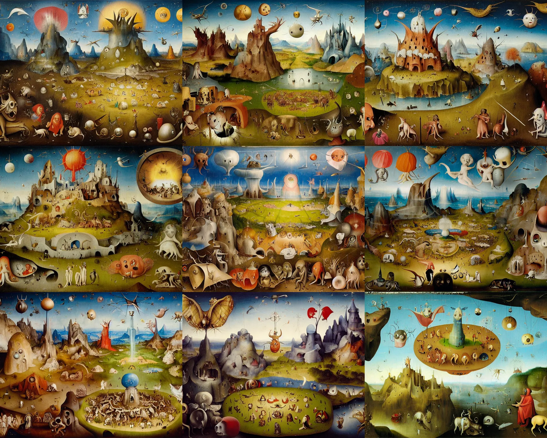 Prompt: A land filled with many imaginary beings, a whimsical otherworldly ethereal high-fantasy landscape by hieronymus bosch and Todd Schorr, oil on linen masterpiece, surrealism, Artstation